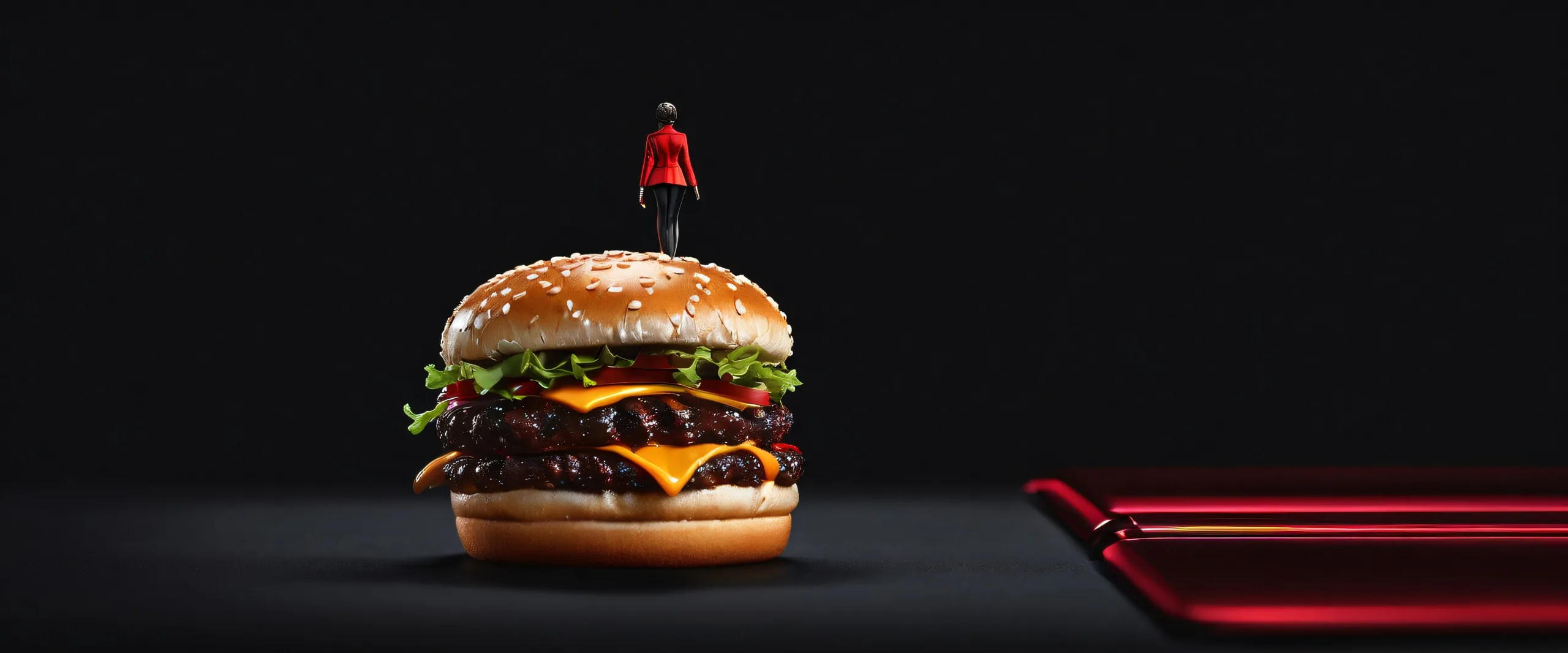 A stunning desktop background featuring Hamburger Woman in a deep pure void with extreme depth of field and perfect blacks, ideal for your Desktop/PC.