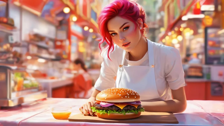 A stunning desktop image of Hamburger Woman in a vast pure void with radiant lighting and exquisite digital art details, suitable for Desktop/PC backgrounds.