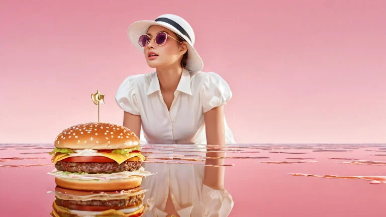 Breathtaking desktop wallpaper of Hamburger Woman set against a perfectly clean vast pure void, designed for Desktop/PC use.