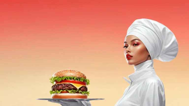 A desktop wallpaper featuring Hamburger Woman in a vast, pure void with subtle metallic sheen, suitable for Desktop/PC.