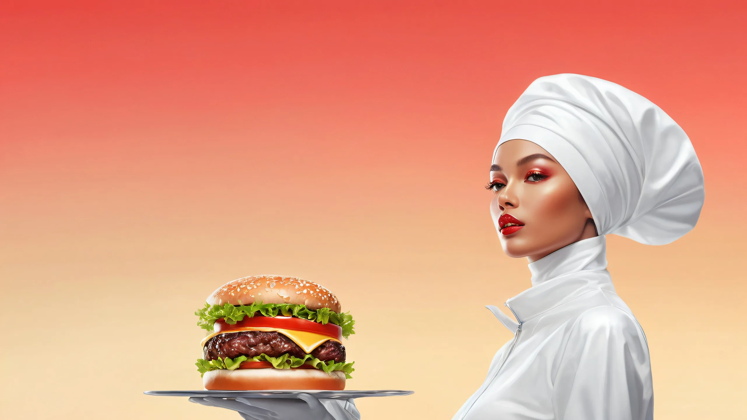 A desktop wallpaper featuring Hamburger Woman in a vast, pure void with subtle metallic sheen, suitable for Desktop/PC.