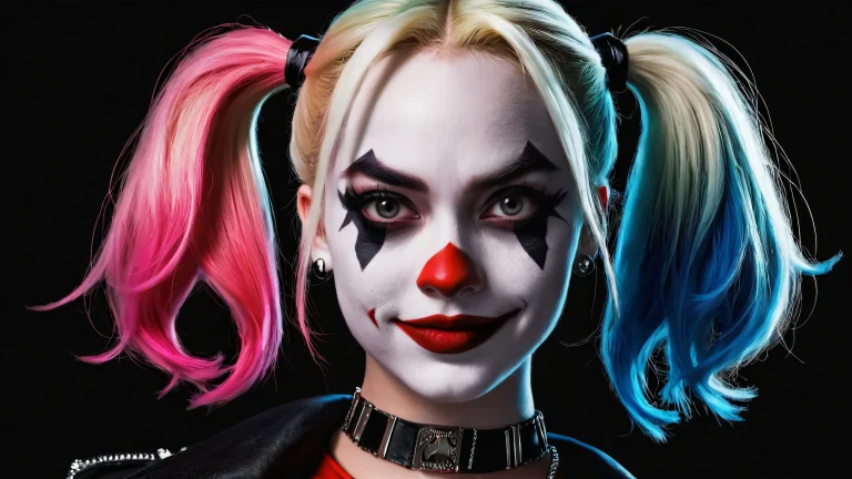 Harley Quinn desktop wallpaper with deep blacks and luminescent accents on a clean pure void background suitable for Desktop/PC use.