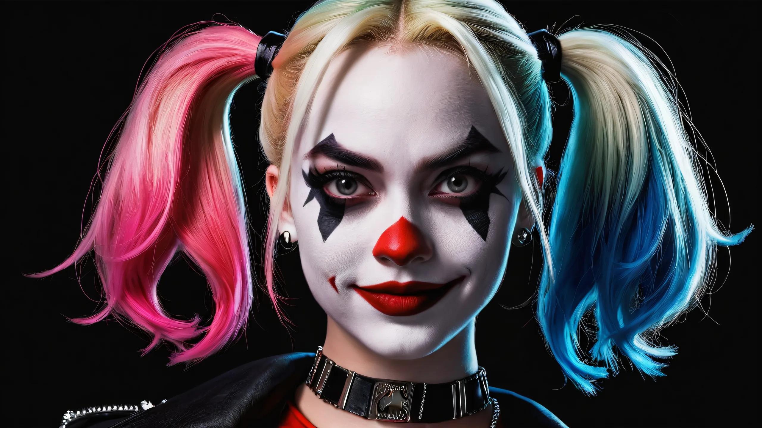 Harley Quinn desktop wallpaper with deep blacks and luminescent accents on a clean pure void background suitable for Desktop/PC use.