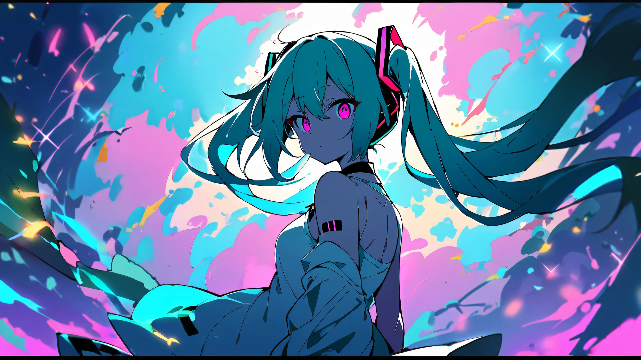 Hatsune Miku gazes into the depths of a serene and tranquil celestial void, set against a calming green backdrop on a desktop/pc.