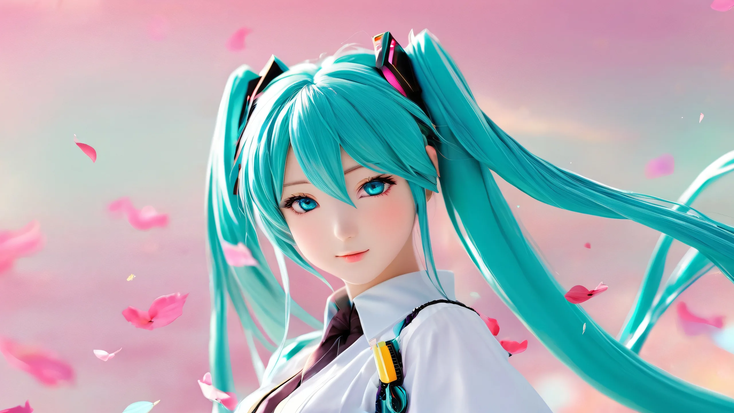 A stunning desktop wallpaper of Hatsune Miku set against a vast pure void, ideal for desktop/PC users seeking a beautiful and serene digital art experience.
