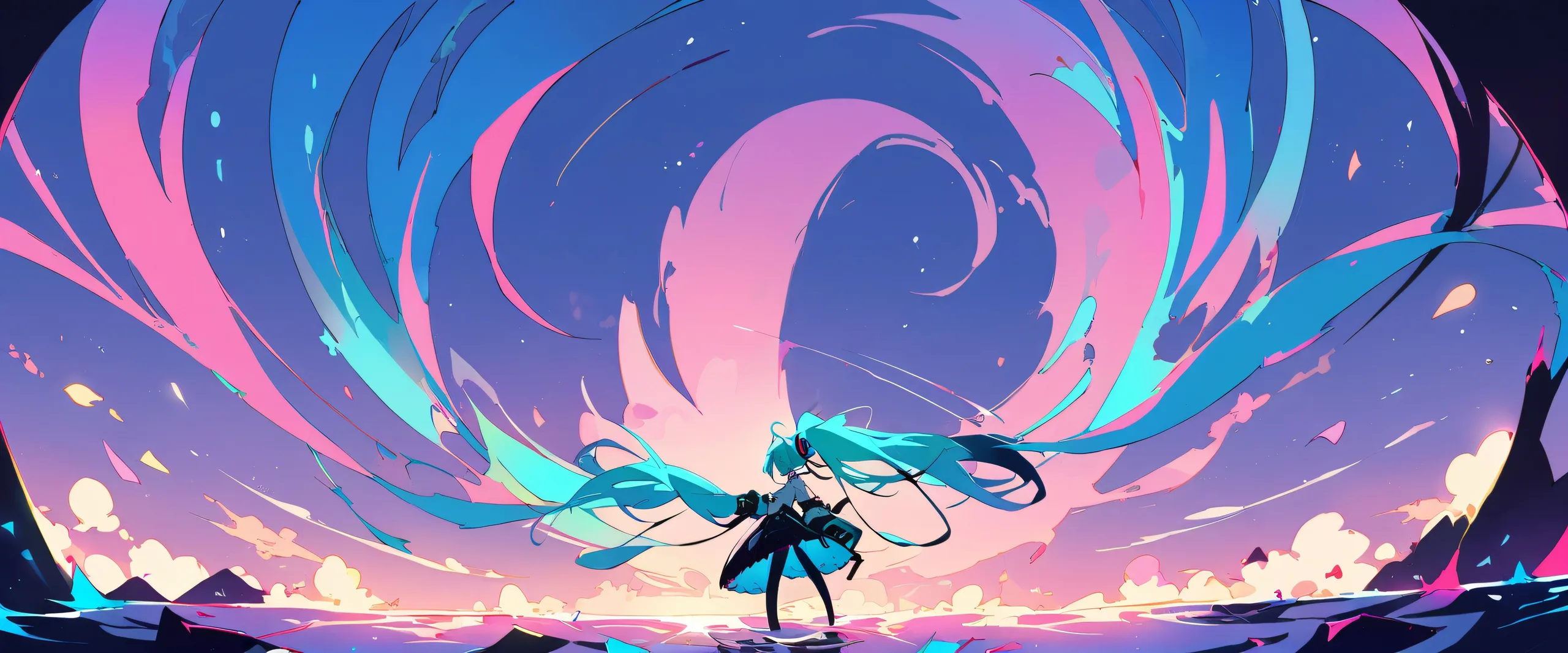 Anime-inspired Desktop wallpaper featuring Hatsune Miku looking out at the viewer from a vast, pure void against a stunning sky with deep blues and soothing whites.