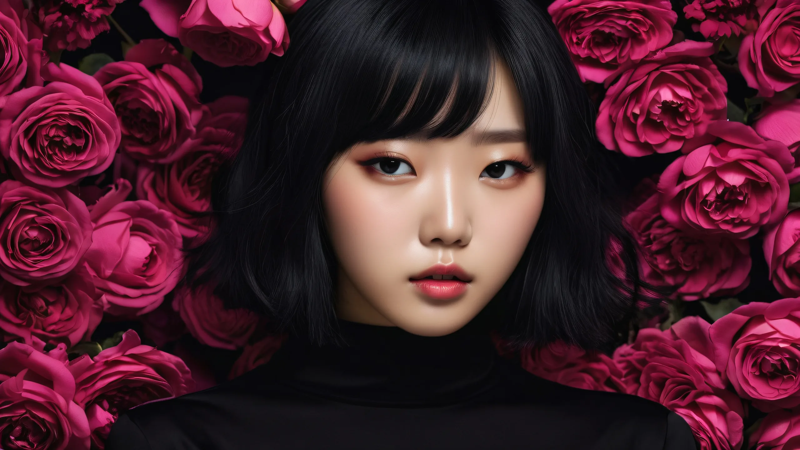 A K-pop idol stands out against a vast pure void, emphasizing their haunting presence on a Desktop/PC.