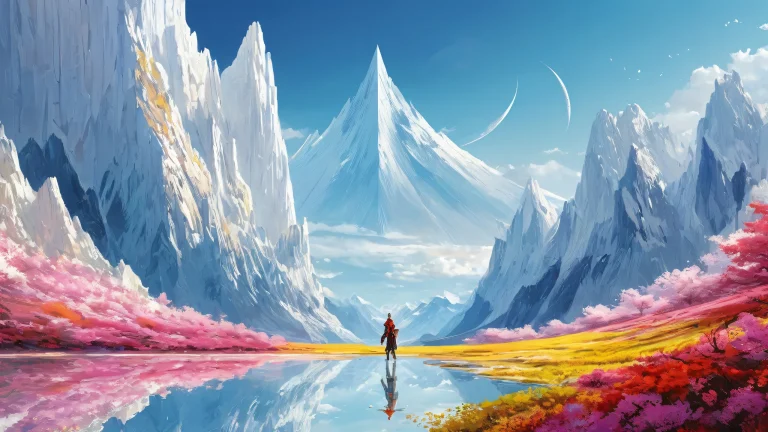 A heroic figure stands in a vast, pur vide, with extreme depth of field and radiant colors, ideal for desktop or PC.