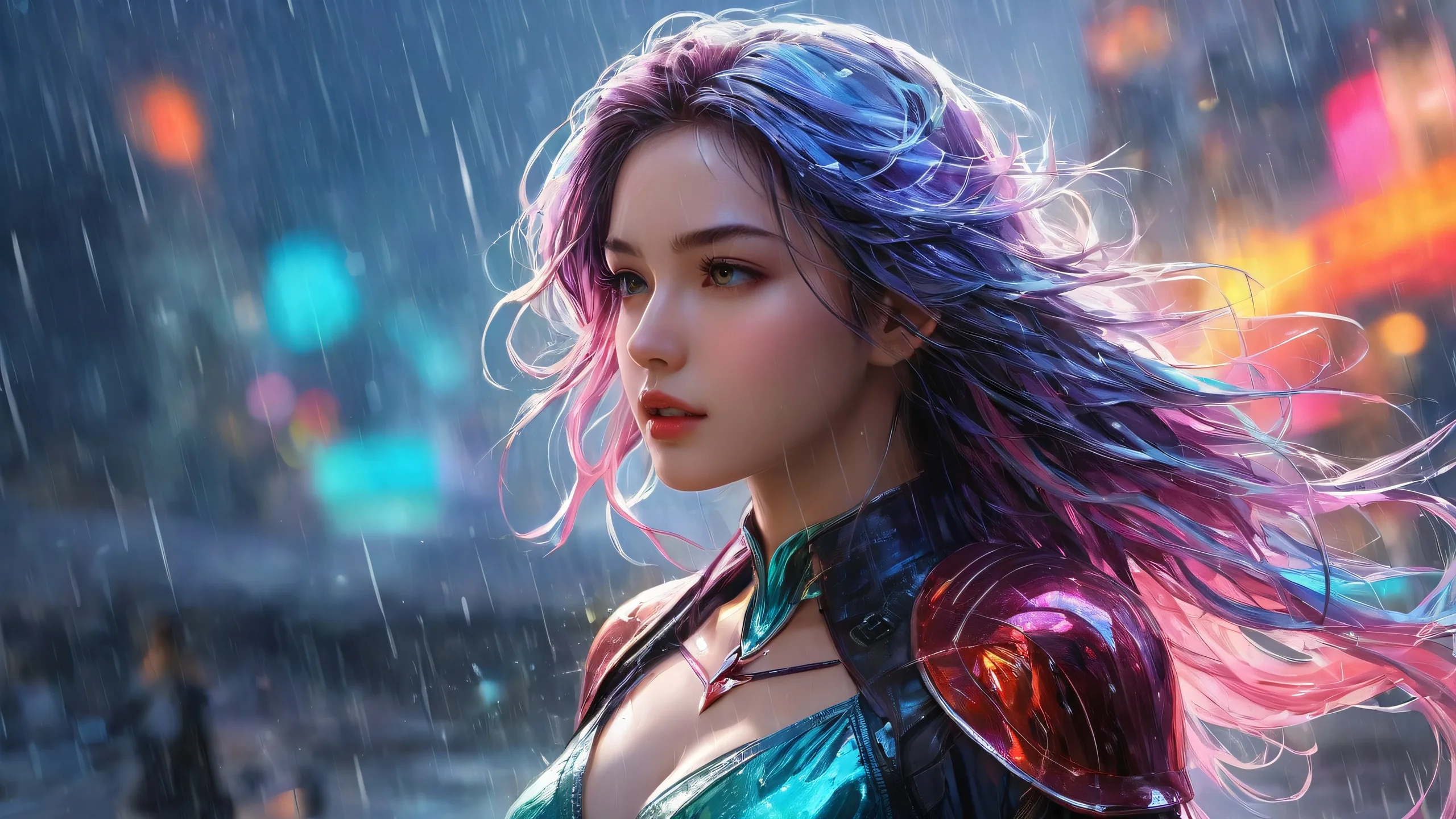 Breathtaking desktop wallpaper of Heroine in a pure void with misty rain and ethereal lighting on Desktop/PC.