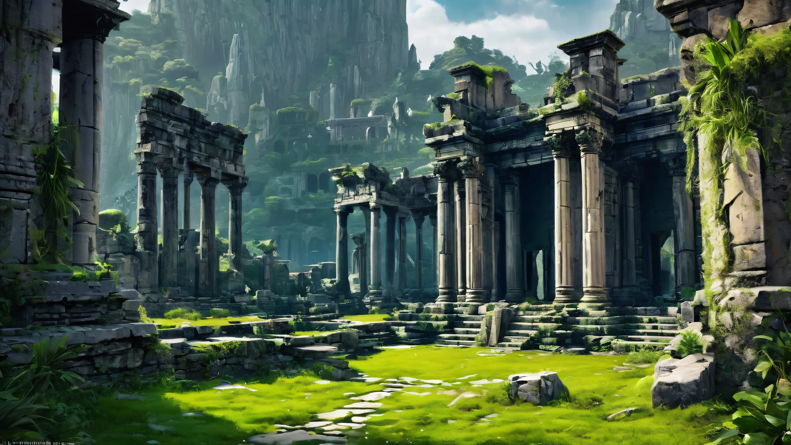 Desktop/PC wallpaper featuring ancient architecture ruins in the distance against a breathtaking void background with deep blacks, luminescent accents, and green-blue hues.