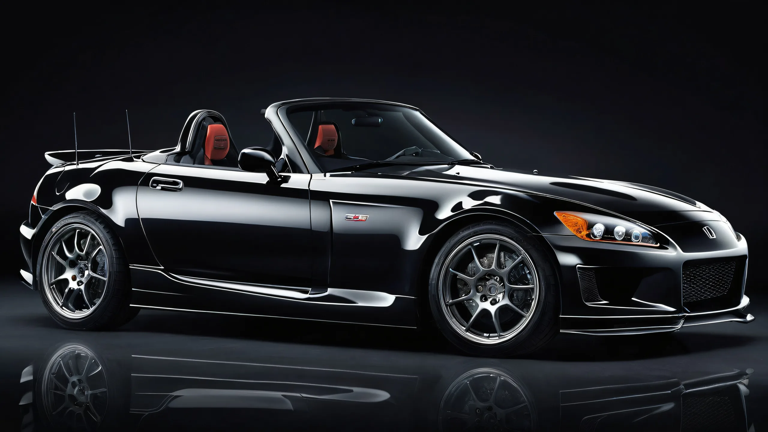 A sleek Honda S2000 Cabrio driving on a vast, deep void with perfect blacks and crisp contrast, ideal for Desktop/PC use.