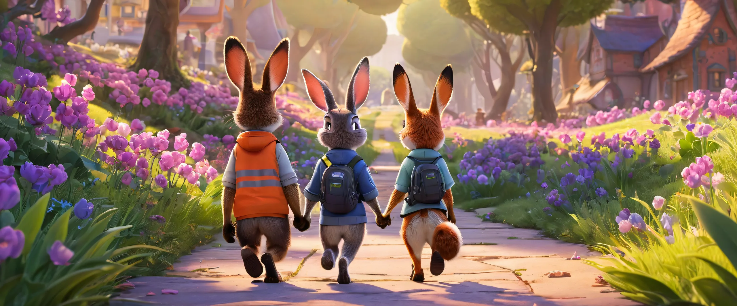 Desktop/PC wallpaper featuring Judy Hopps and Nick Wilde in a vast, pastel-colored void with gradient lighting