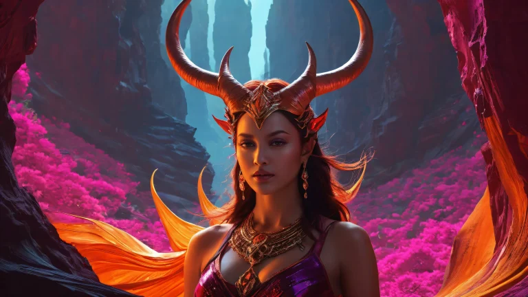 A stunning desktop image featuring the Horned Queen amidst a vast, pure void with an extreme depth of field and apocalyptic chasm. デスクトップ/PCに最適.