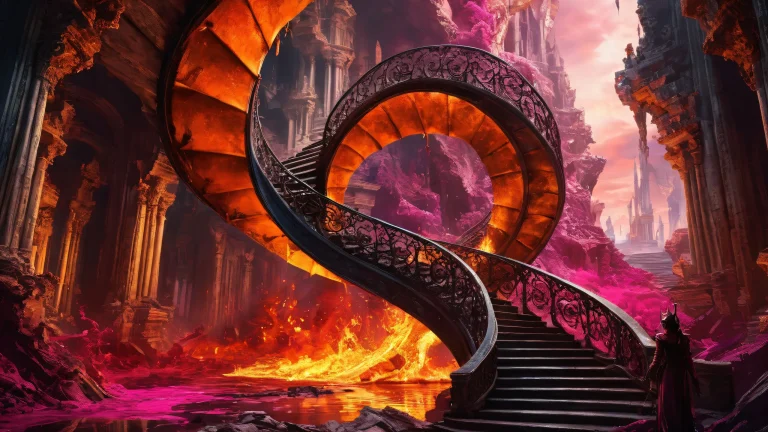 A breathtaking desktop wallpaper of Horned Queen, a crumbling infinite spiral staircase descending into a burning apocalyptic chasm on Desktop/PC.