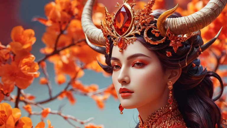 A majestic Horned Queen sits regally amidst a vast, pure void on a Desktop/PC, surrounded by brilliant colors and radiant light.