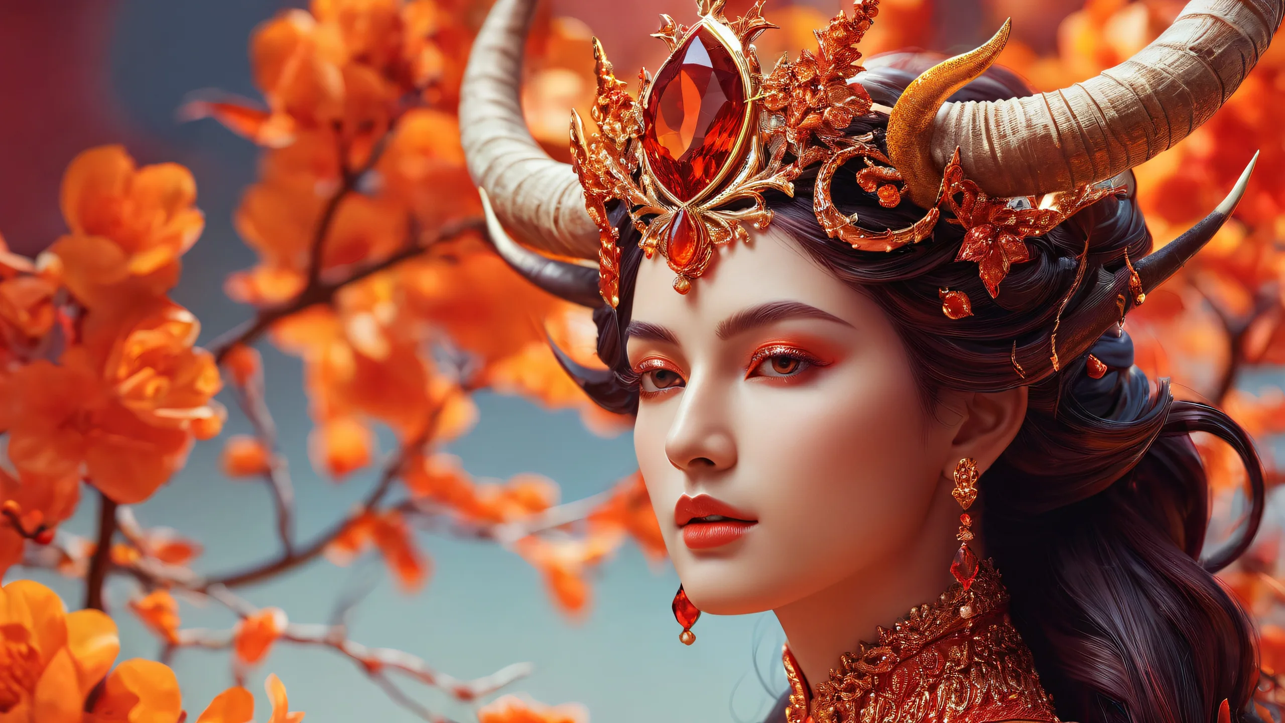 A majestic Horned Queen sits regally amidst a vast, pure void on a Desktop/PC, surrounded by brilliant colors and radiant light.