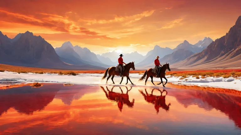 A breathtaking desktop wallpaper of a horseback ride in a vast pure void with radiant colors and ray traced reflections, suitable for Desktop/PC.