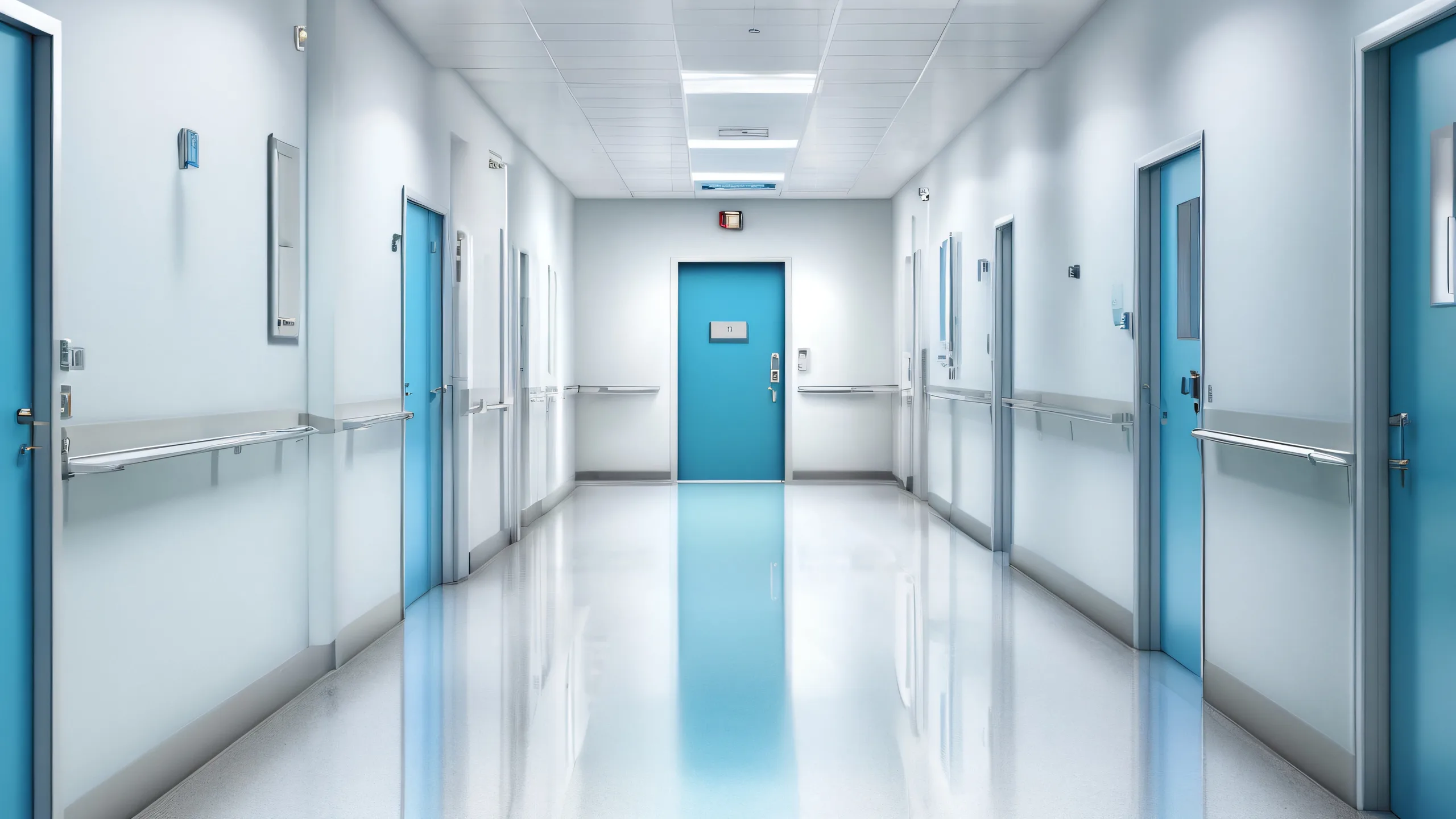 A serene and clean hospital hallway for Desktop/PC, featuring radiant colors and exquisite reflections.