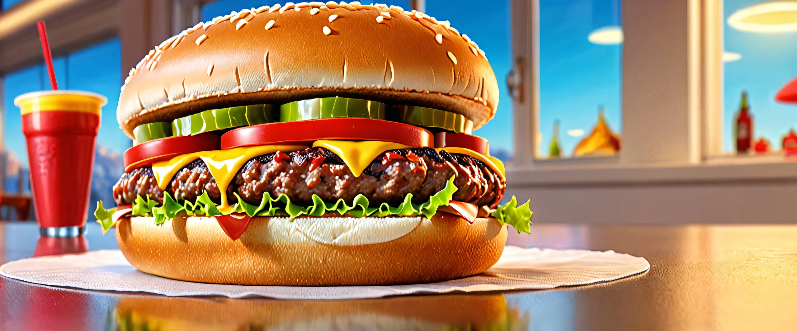 A stunning desktop wallpaper of a hotdog-hamburger transformation set against a vast, pure void, perfect for your Desktop/PC.