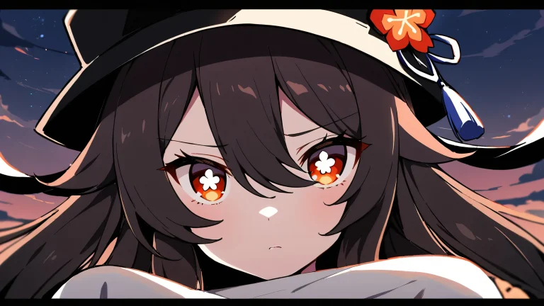 A serene Hu Tao gazes out at the viewer from amidst a perfectly clean vast pure void, with a beautiful sky in the background. Suitable for desktop/pc use.