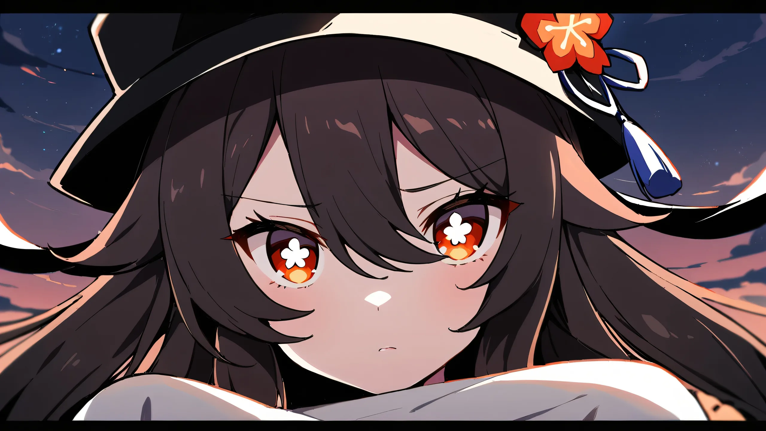 A serene Hu Tao gazes out at the viewer from amidst a perfectly clean vast pure void, with a beautiful sky in the background. Suitable for desktop/pc use.