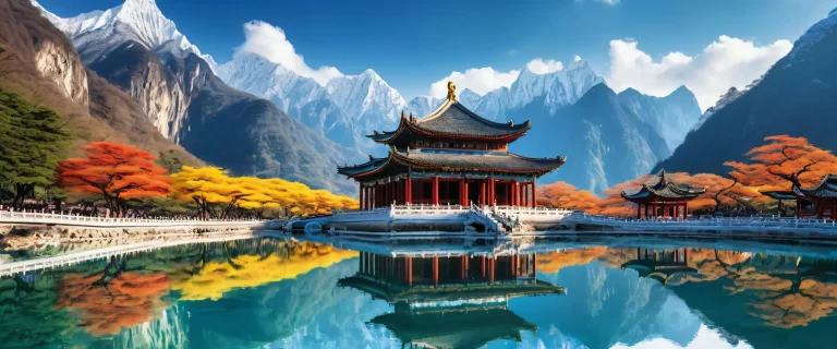 Breathtaking desktop wallpaper of Huanglong National Park Temple on a pristine blue background, perfect for PC or Desktop use.