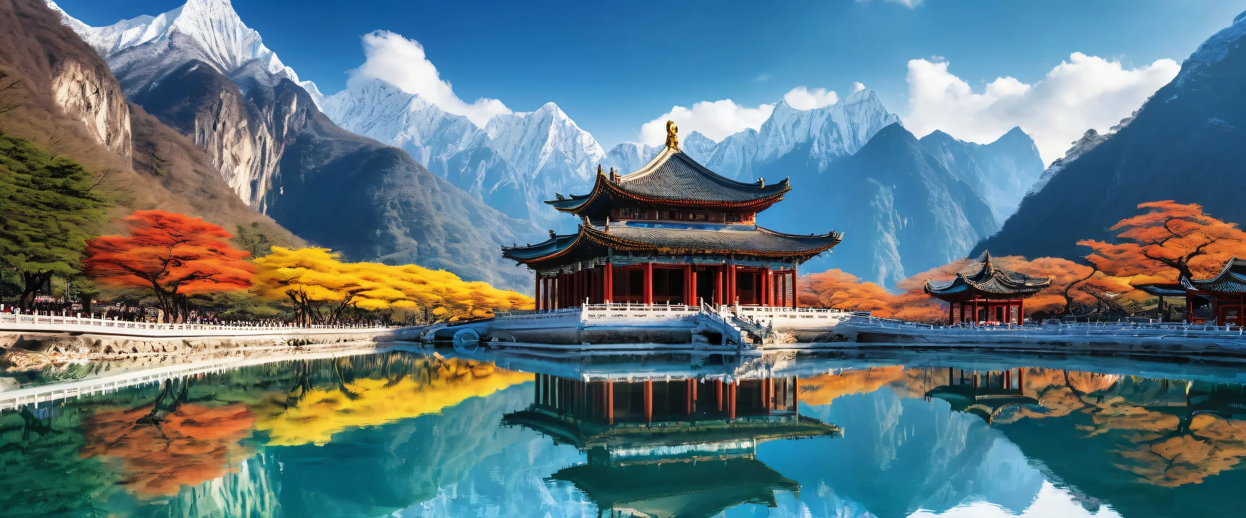 Breathtaking desktop wallpaper of Huanglong National Park Temple on a pristine blue background, perfect for PC or Desktop use.