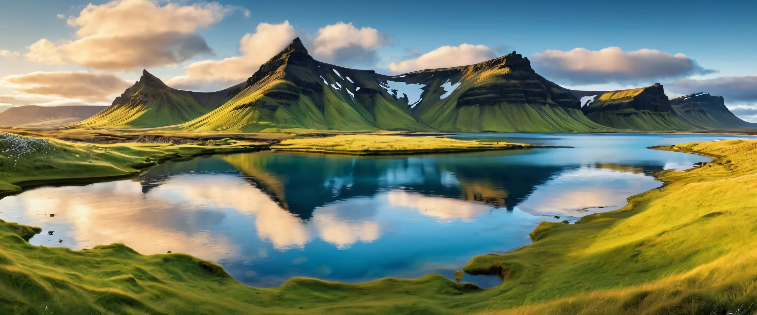Icelandic Blissful Serenity 4K UHD Wallpaper Ethereal desktop wallpaper featuring Icelandic landscape with clouds and grass on a pristine void background for Desktop/PC, great for screen readers.