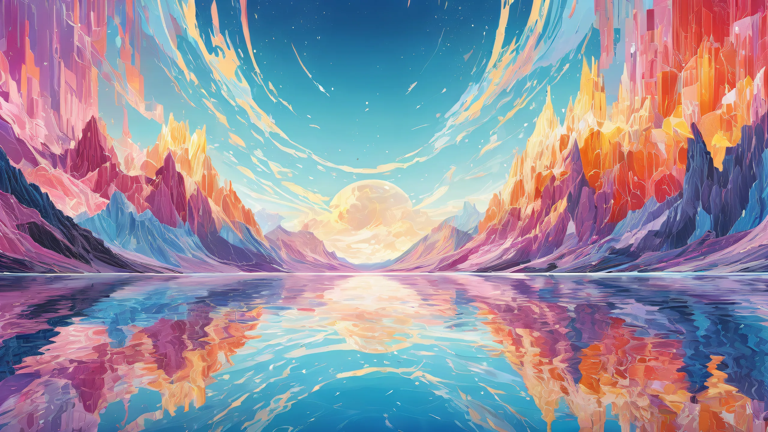 A visually stunning desktop background featuring a vast, pure void with radiant colors and ray-traced reflections, perfect for Desktop/PC.