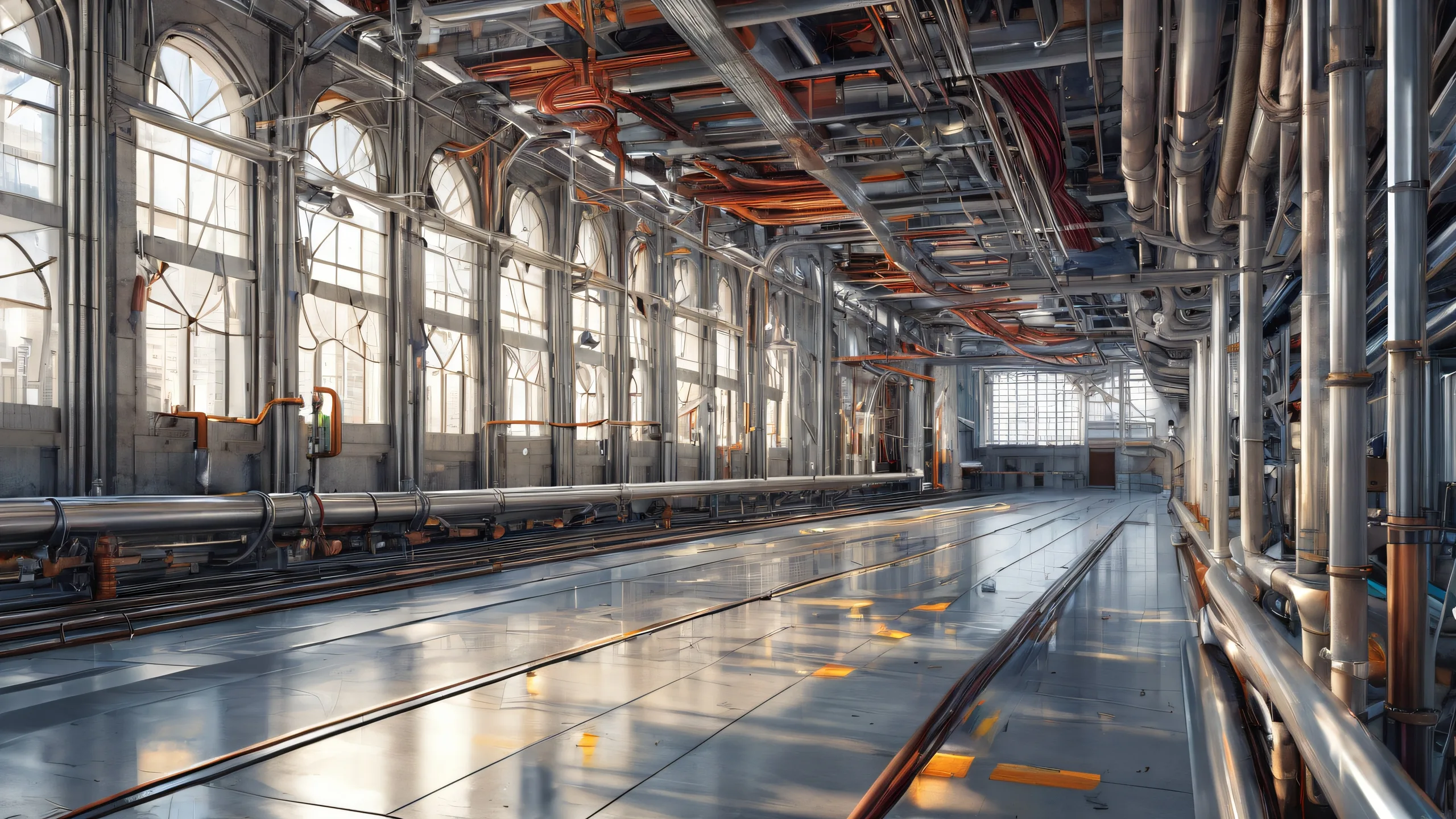 Epic Ethereal Industrial Odyssey Desktop Wallpaper A breathtaking desktop wallpaper of industrial architecture on a pure void background for Desktop/PC use, showcasing intricate details and masterful composition.