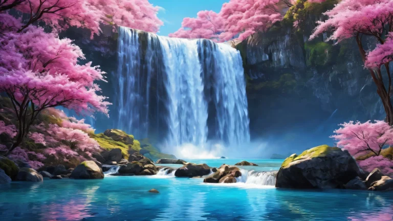 A serene and breathtaking desktop wallpaper of a waterfall on a pure void background, perfect for a PC or Desktop.
