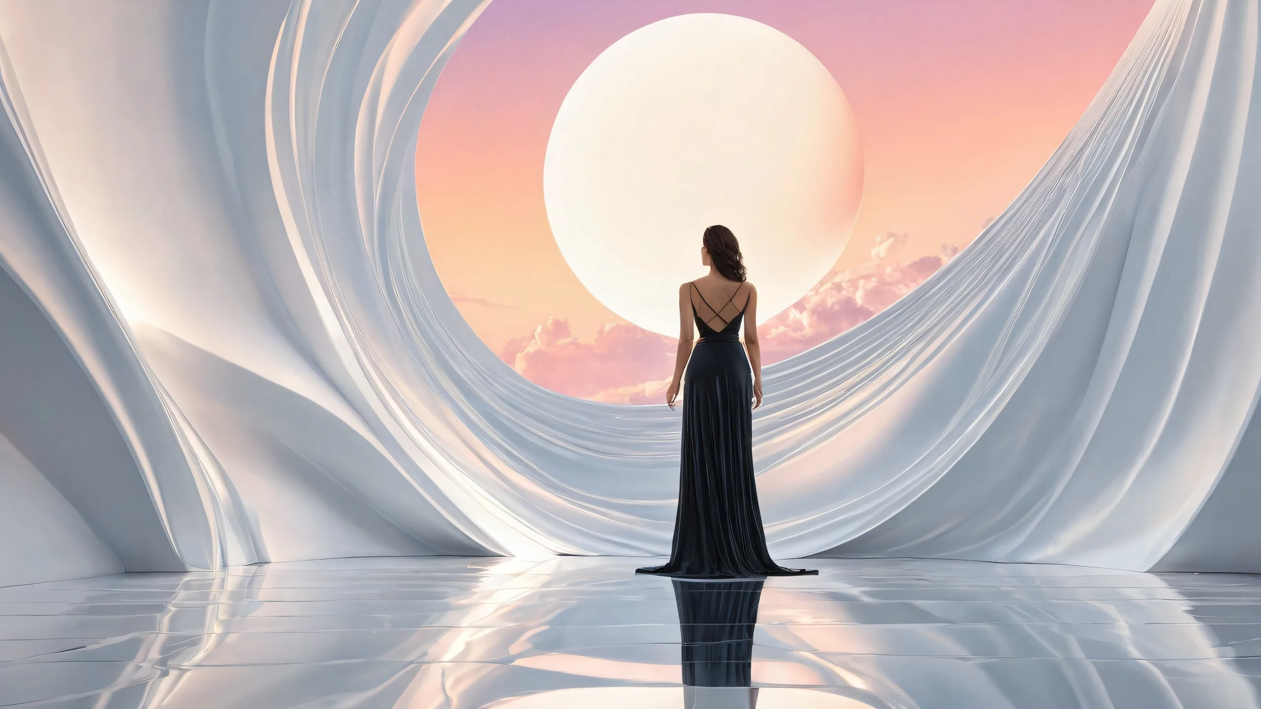 Woman standing alone on a dark, vast, and pure void desktop background, perfect for screen readers, suitable for Desktop/PC use.