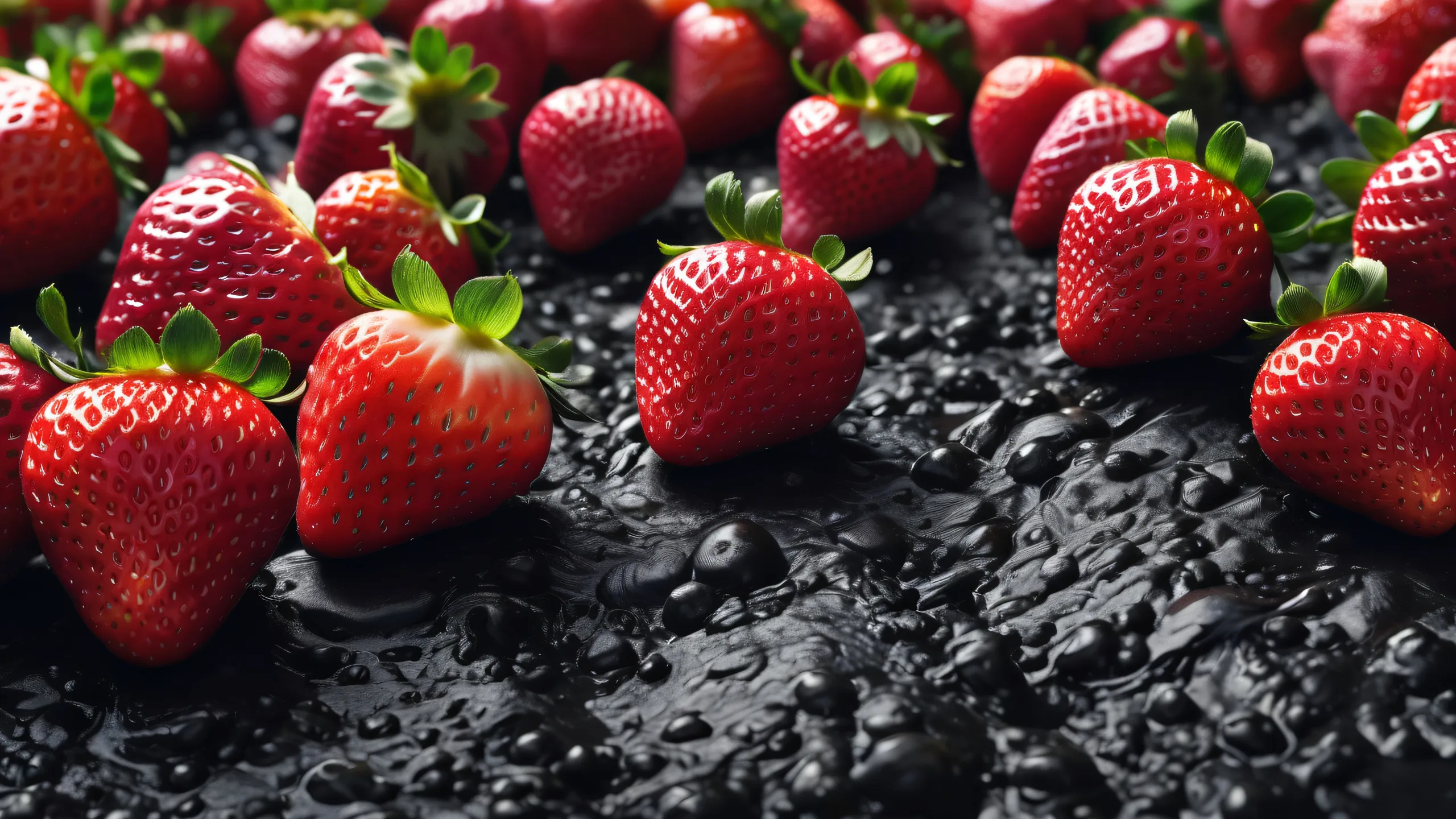 A serene fruit farm scene for desktop/pc backgrounds with perfect blacks and luminescent accents