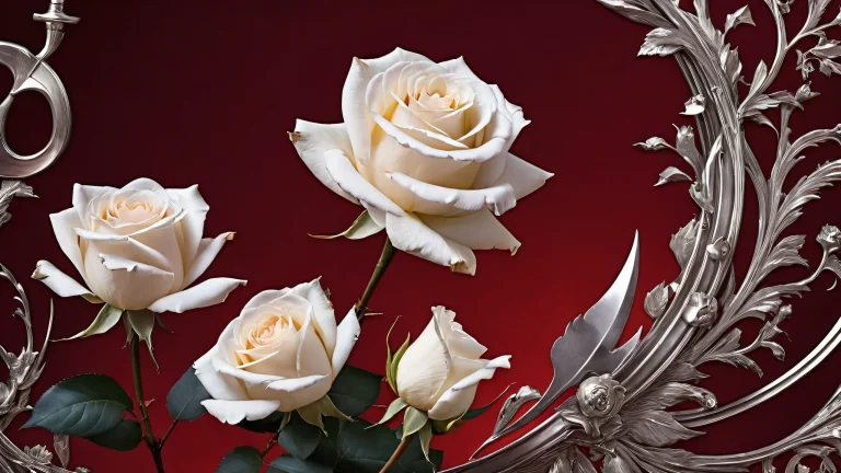 James Bond desktop wallpaper featuring a dark red backdrop with white roses and Soviet symbols on a pristine desktop/pc.