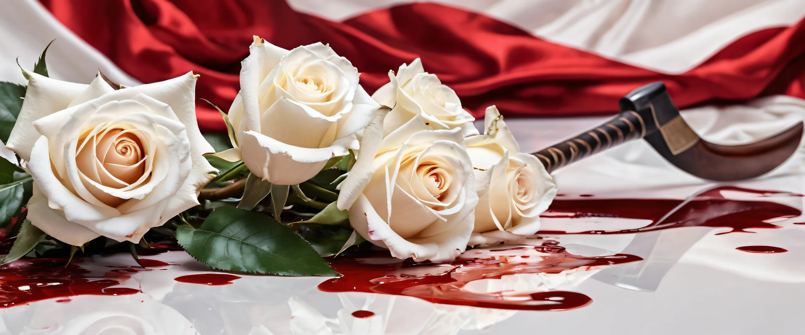 James Bond desktop wallpaper featuring a vast pure void with blood-stained white roses and a scythe and hammer, perfect for PC or Desktop.