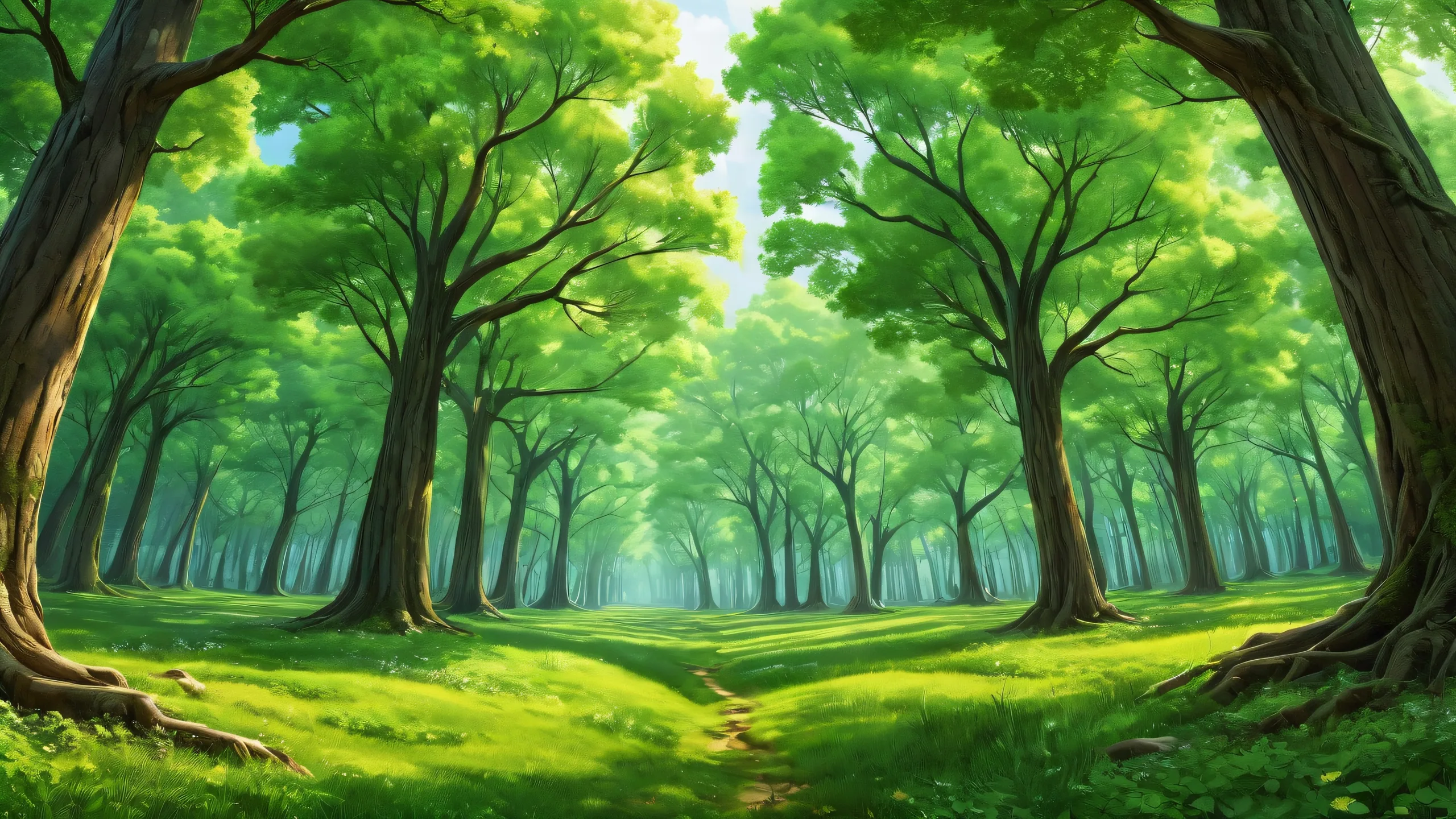 A serene and majestic forest scene for your Desktop/PC background, featuring stunning green trees against a radiant sky.