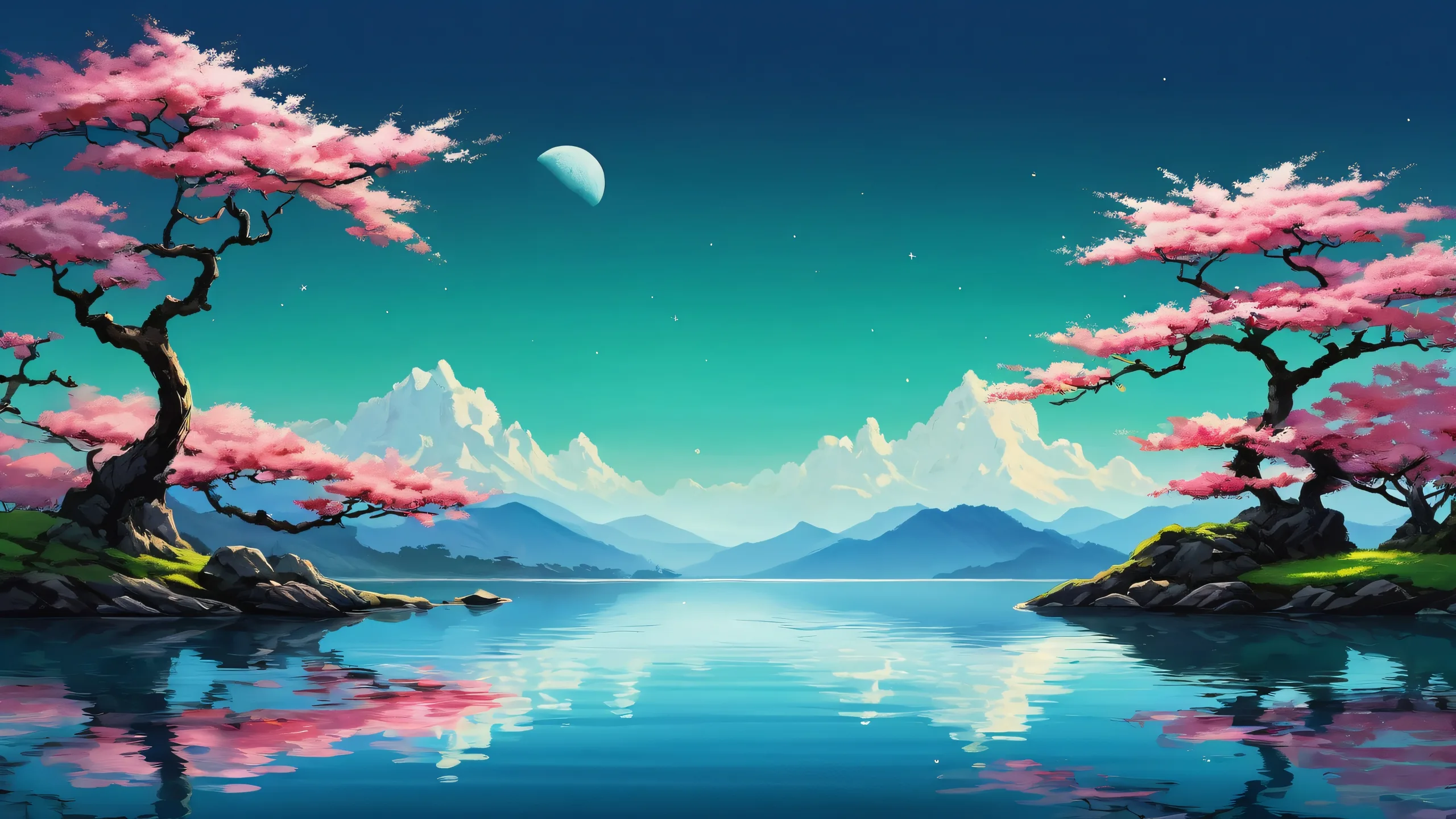 A serene and breathtaking desktop wallpaper featuring a deep blue void on a perfectly clean landscape with subtle gradient effects and Japanese traditional art influences, ideal for desktop/pc use.