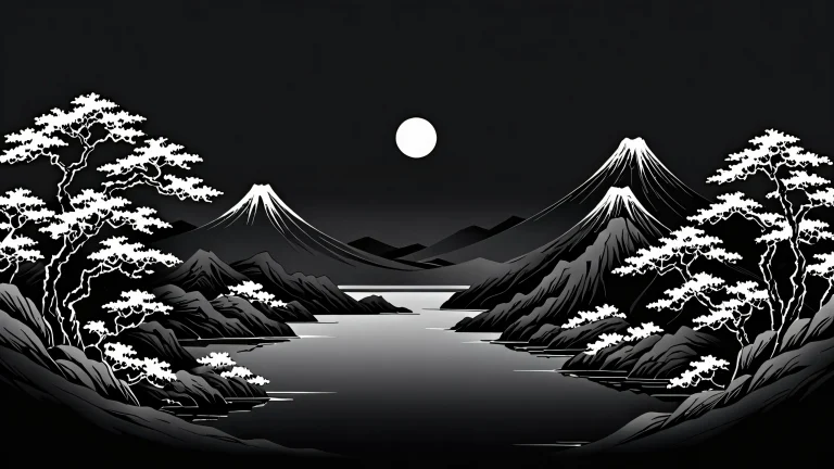 Breathtaking Japanese traditional art desktop wallpaper for PC or Desktop, emphasizing sumi-e brushstrokes and symbolic painting with deep blacks and luminescent accents.