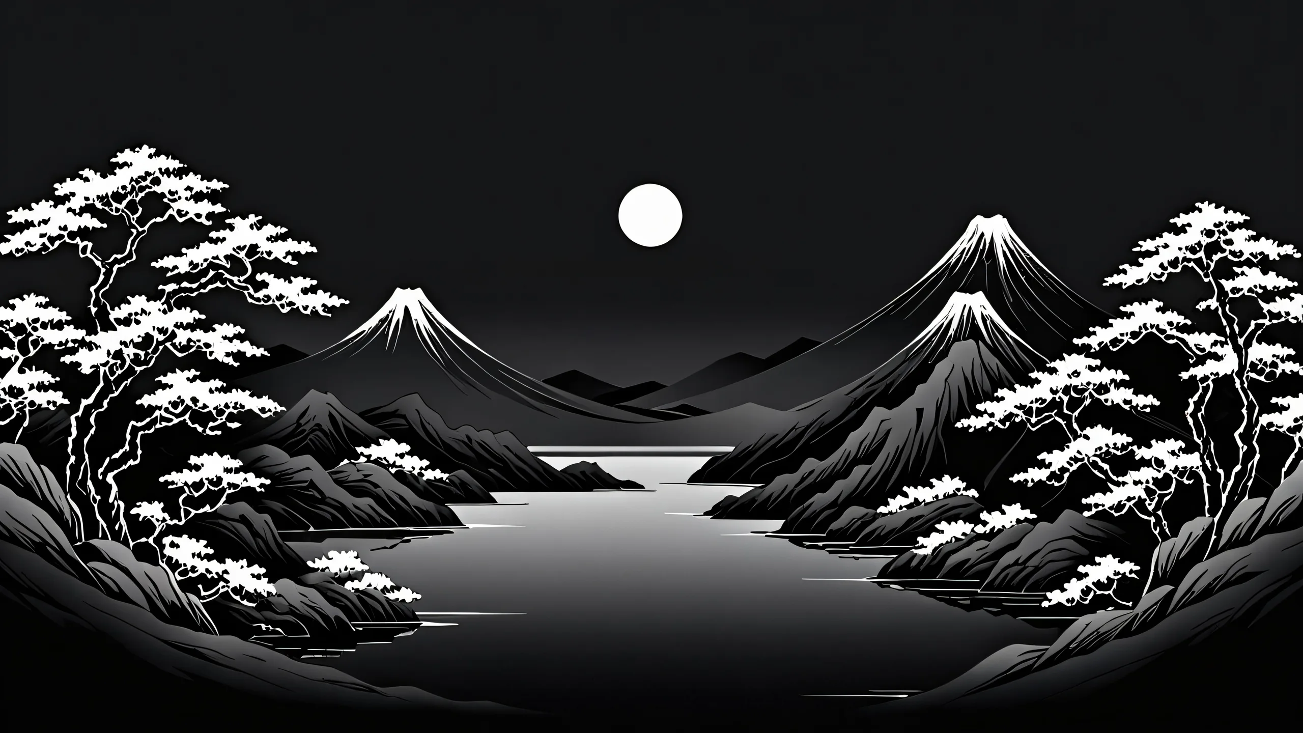 Breathtaking Japanese traditional art desktop wallpaper for PC or Desktop, emphasizing sumi-e brushstrokes and symbolic painting with deep blacks and luminescent accents.