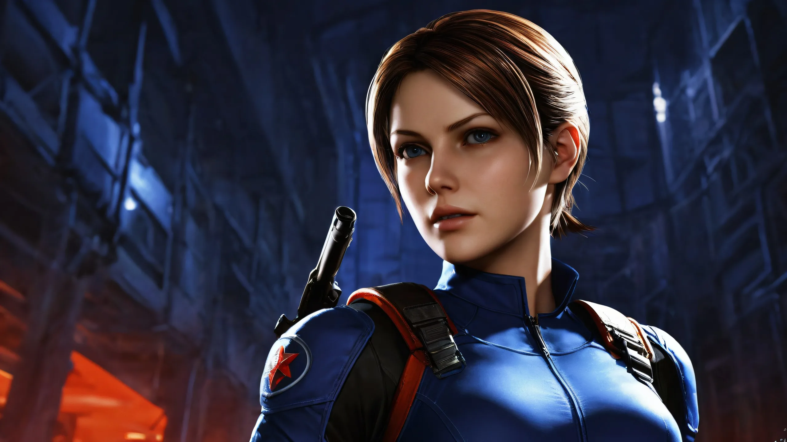 Jill Valentine silhouette against a vast, dark void, perfect for desktop and PC backgrounds.
