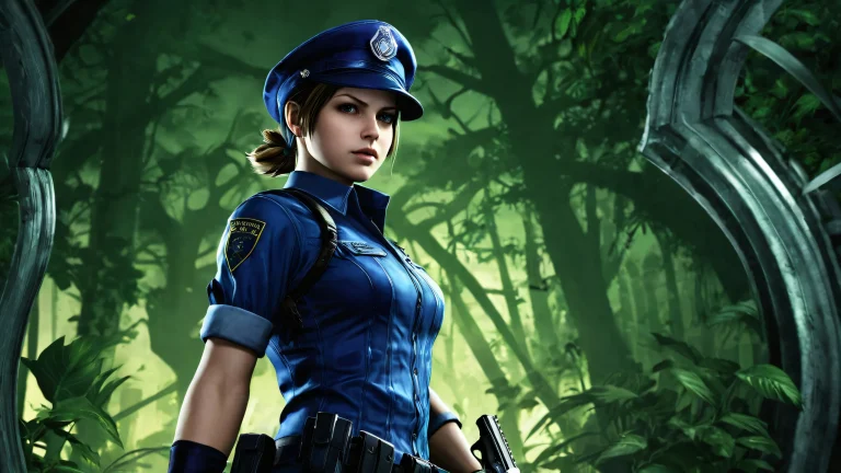 A serene yet haunting desktop image featuring Jill Valentine set against a vast, pure void with subtle horror elements in the background, parfait pour votre PC ou ordinateur de bureau.