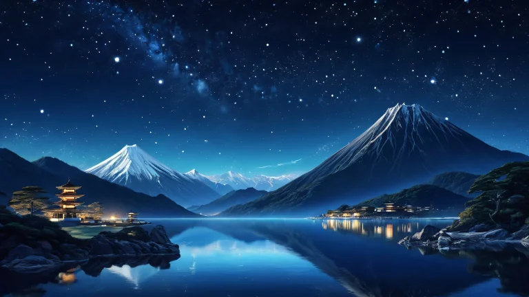 A digital art desktop wallpaper featuring Jin Sakai in a dark blue night sky with subtle stars and constellations, perfect for your PC or Desktop.