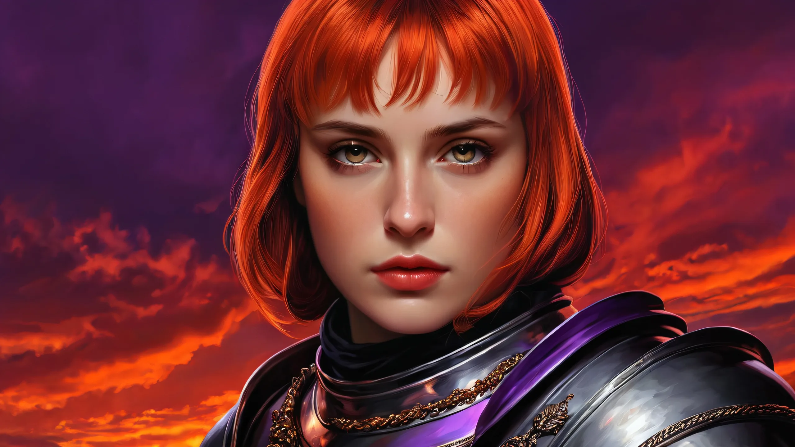 Desktop/PC wallpaper featuring Joan of Arc in a surreal scene with a dramatic sky and dark mode aesthetic.