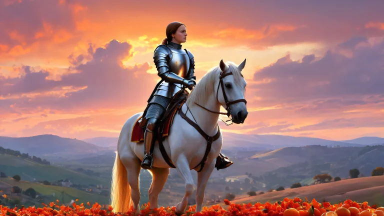 Beautiful desktop wallpaper of Joan of Arc set against a breathtaking sunset with rolling hills and dramatic sky, suitable for any Desktop/PC.
