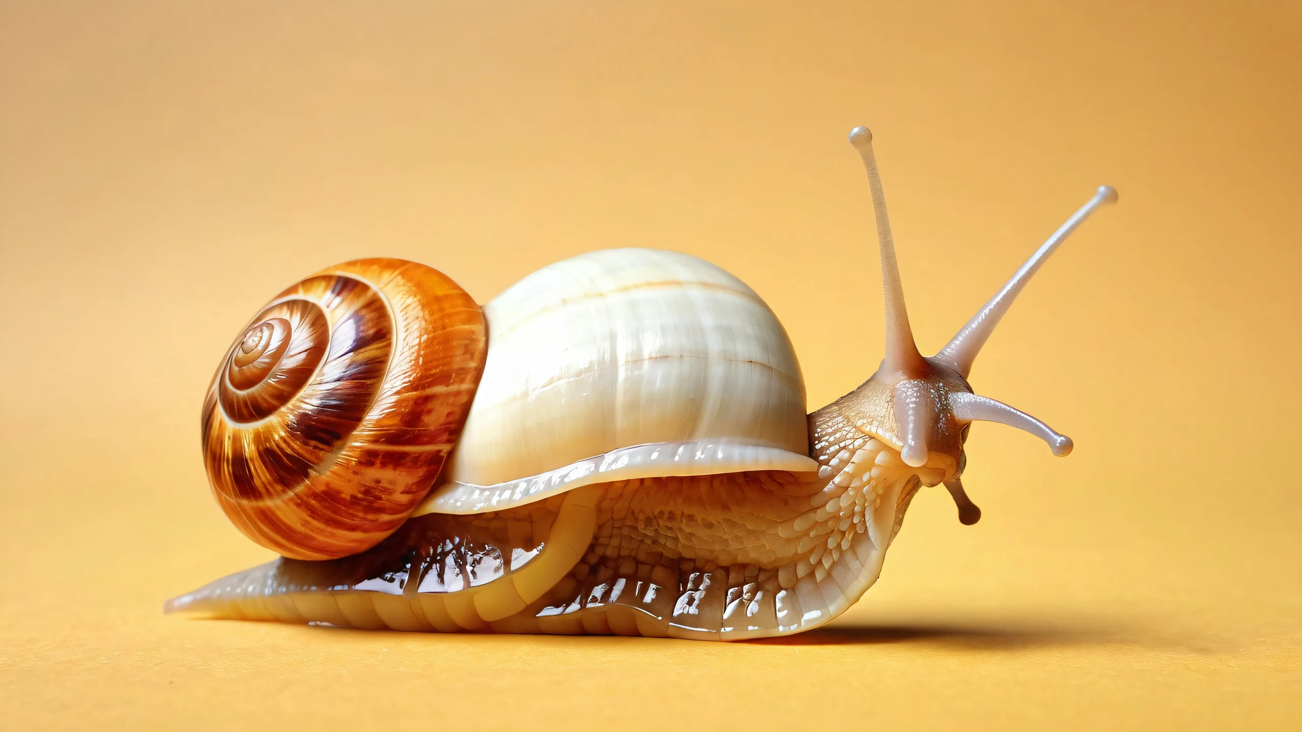 A desktop wallpaper featuring a snail's adorable face set against a vast, pure void with depth of field focus on the snail.