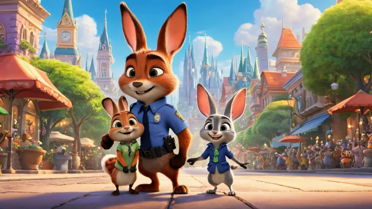 Judy Hopps and Nick Wilde in a breathtaking desktop wallpaper featuring Disney's Zootopia characters, con un vasto fondo de vacío puro y sutiles paisajes urbanos y forestales.