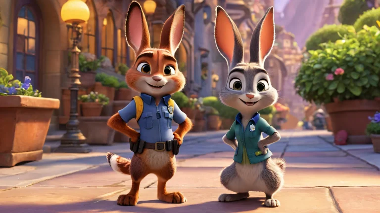Judy Hopps and Nick Wilde in a stunning pure void desktop wallpaper with intricate details, texture, and ethereal lighting suitable for Desktop/PC use.