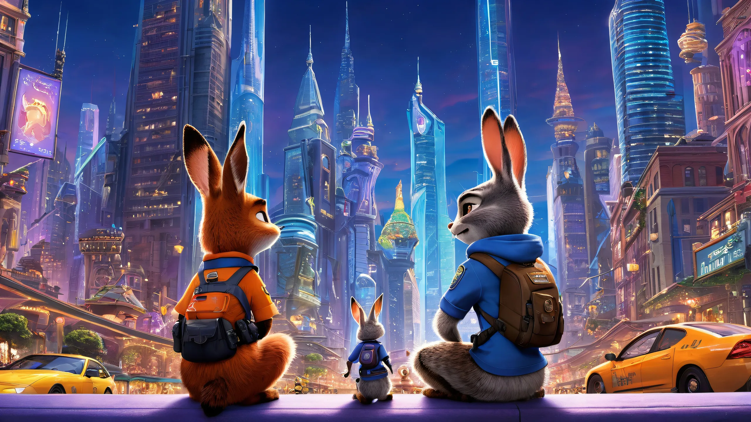 A futuristic metropolis with iconic characters Judy Hopps and Nick Wilde, perfect for a desktop/PC background.