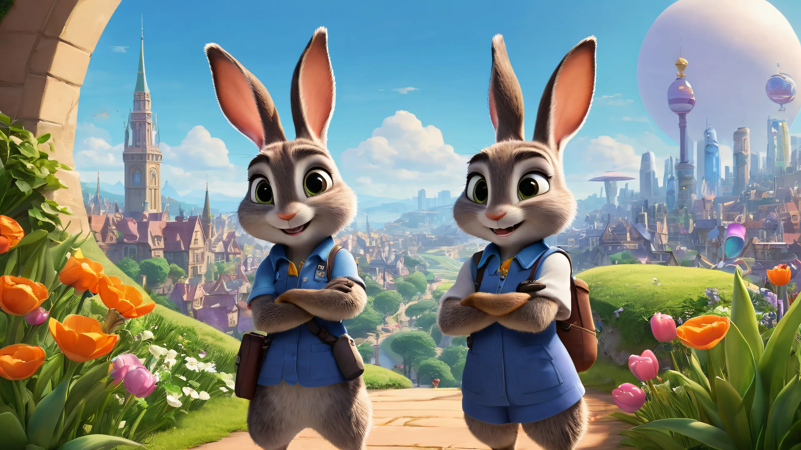 Judy Hopps desktop wallpaper with cityscapes and greenery in the distance, for PC and Desktop use.