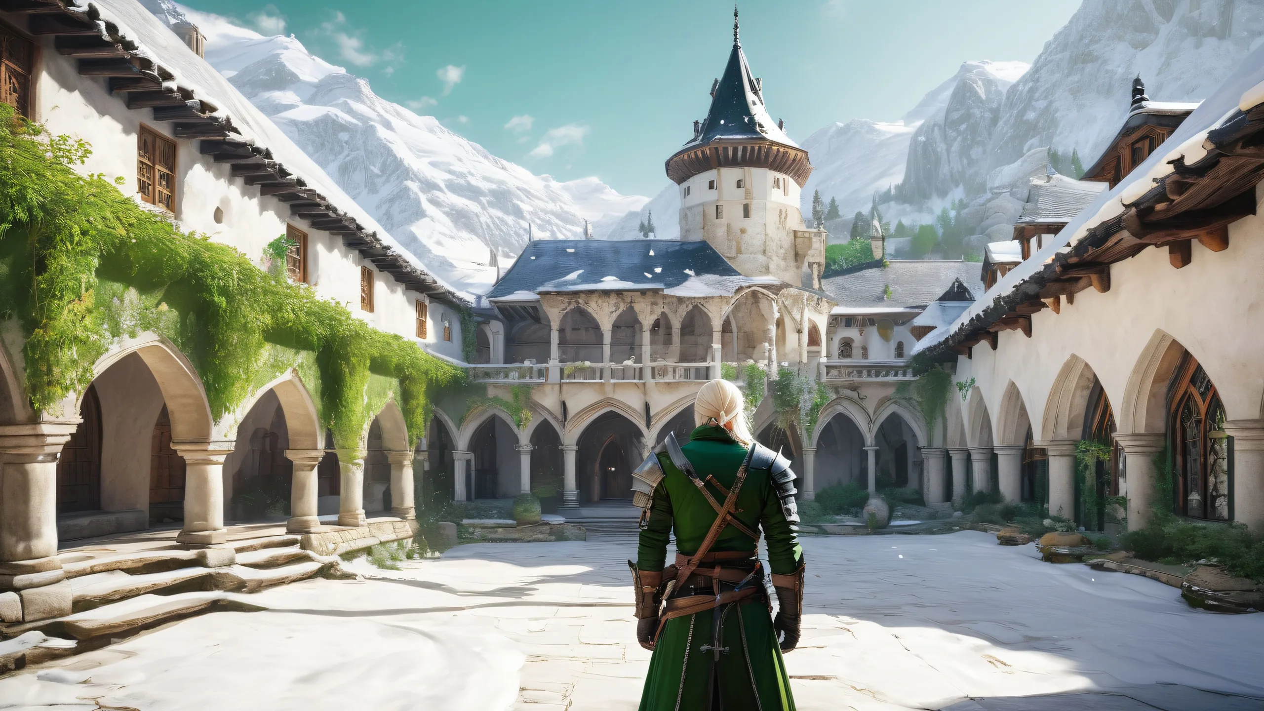 A stunning desktop wallpaper of the snow-covered courtyard of Kaer Morhen, perfect for your Desktop/PC.